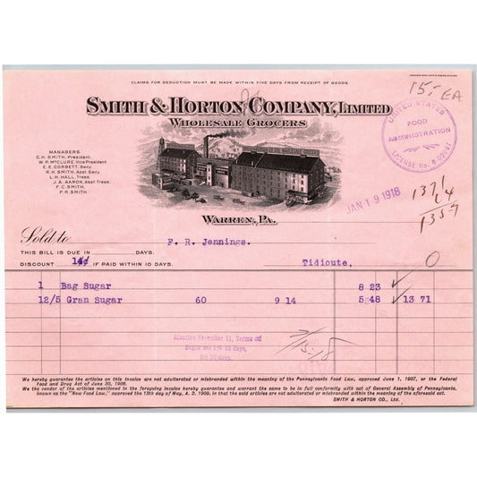 1918 Warren, PA Letterhead Smith & Horton Co. Wholesale Grocers w/ Vignette