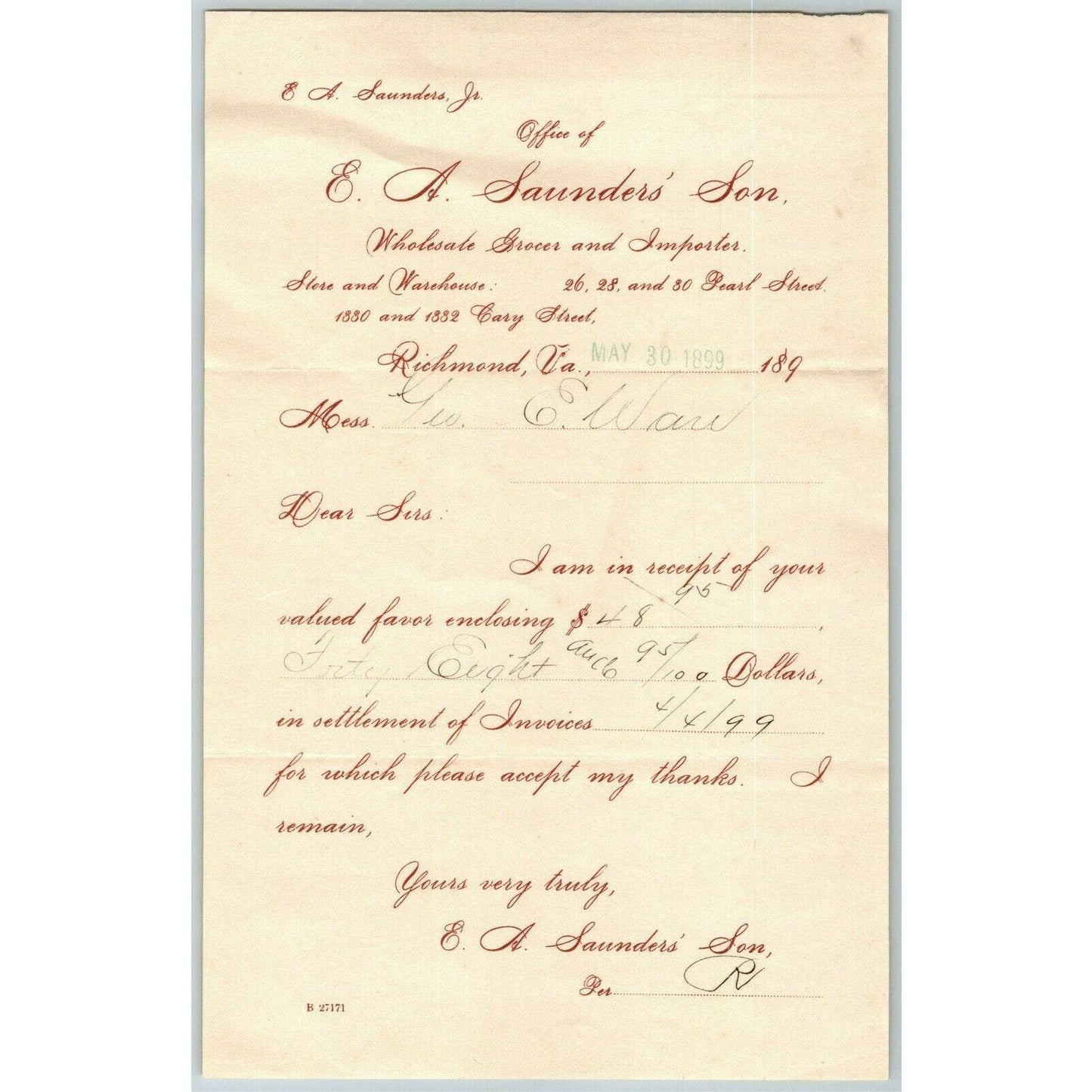 E.A. Saunders and Son Grocer Letterhead Richmond, VA to Geo. E. Wear 1899