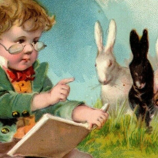 Lion Coffee Child w/ Book Teaching Rabbits Outdoors Large Victorian Trade Card
