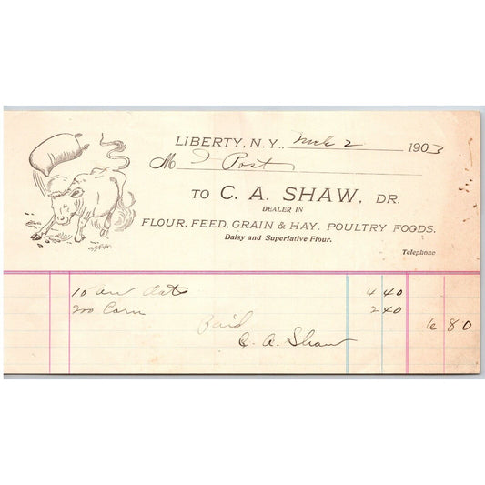 Liberty, NY C.A. Shaw Flour Feed Mar 2 1903 Billhead w/ Angry Cow Illustration