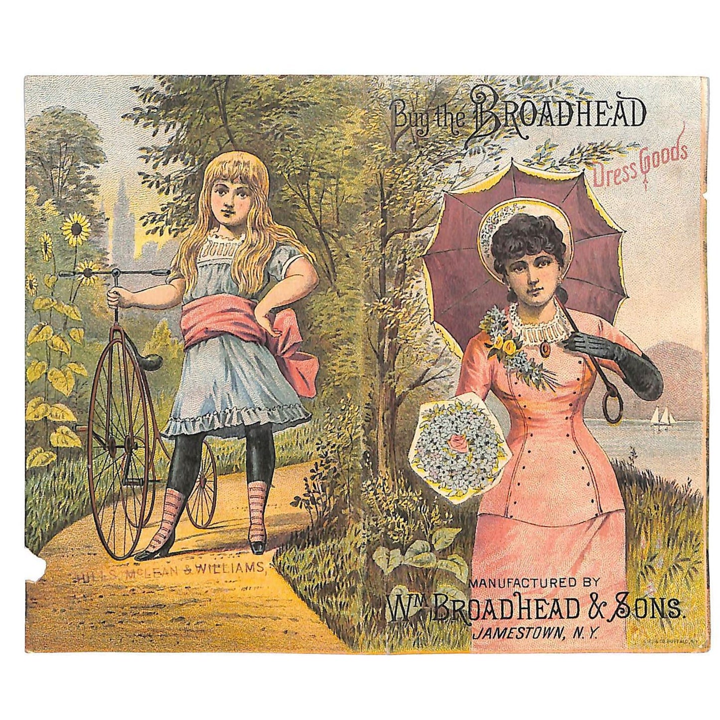 Broadhead Binghampton Victorian Trade Card w/ Girl Bicycle & Parasol Flowers