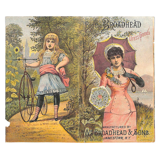 Broadhead Binghampton Victorian Trade Card w/ Girl Bicycle & Parasol Flowers