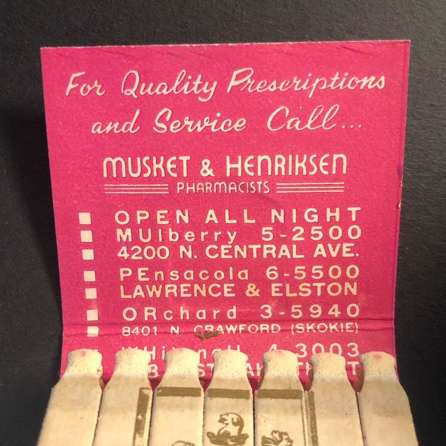 Musket & Henriksen Pharmacists Chicago Full FEATURE Vintage Matchbook c1950's