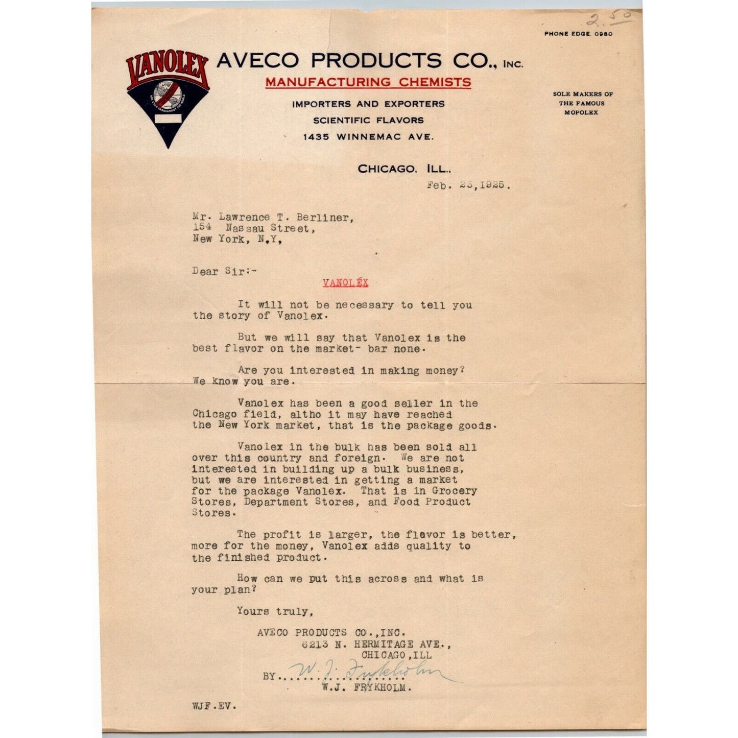 Aveco Products Co.1925 Letterhead Chicago Importers Exporters Scientific Flavors