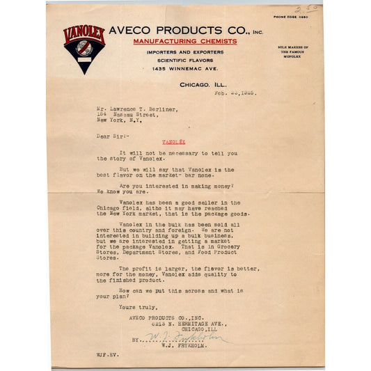 Aveco Products Co.1925 Letterhead Chicago Importers Exporters Scientific Flavors