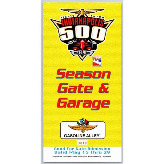 1999 Indy 500 Season Garage / Gasoline Alley Pass Indianapolis IMS VGC #3818