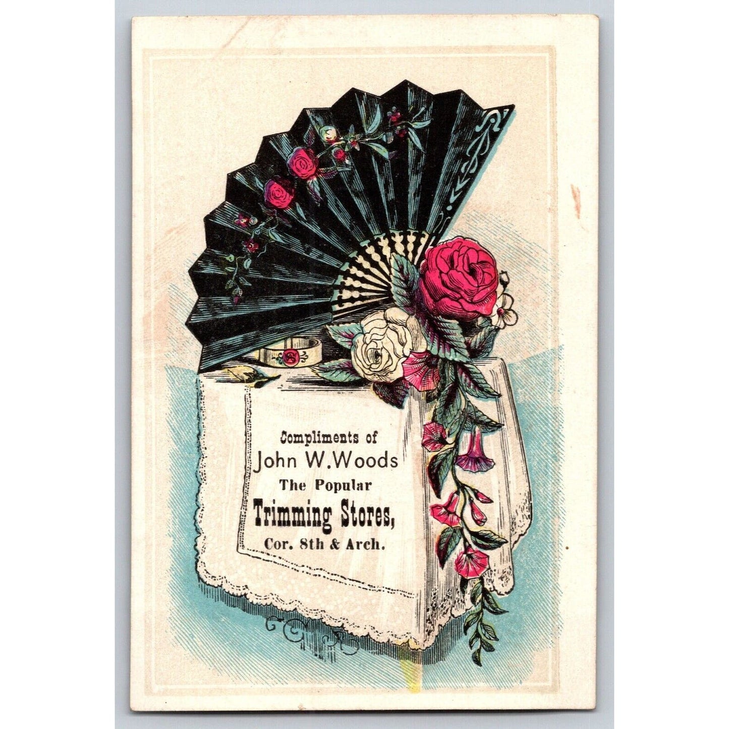 John W. Woods Trimming Stores (Baltimore?) Victorian Trade Card