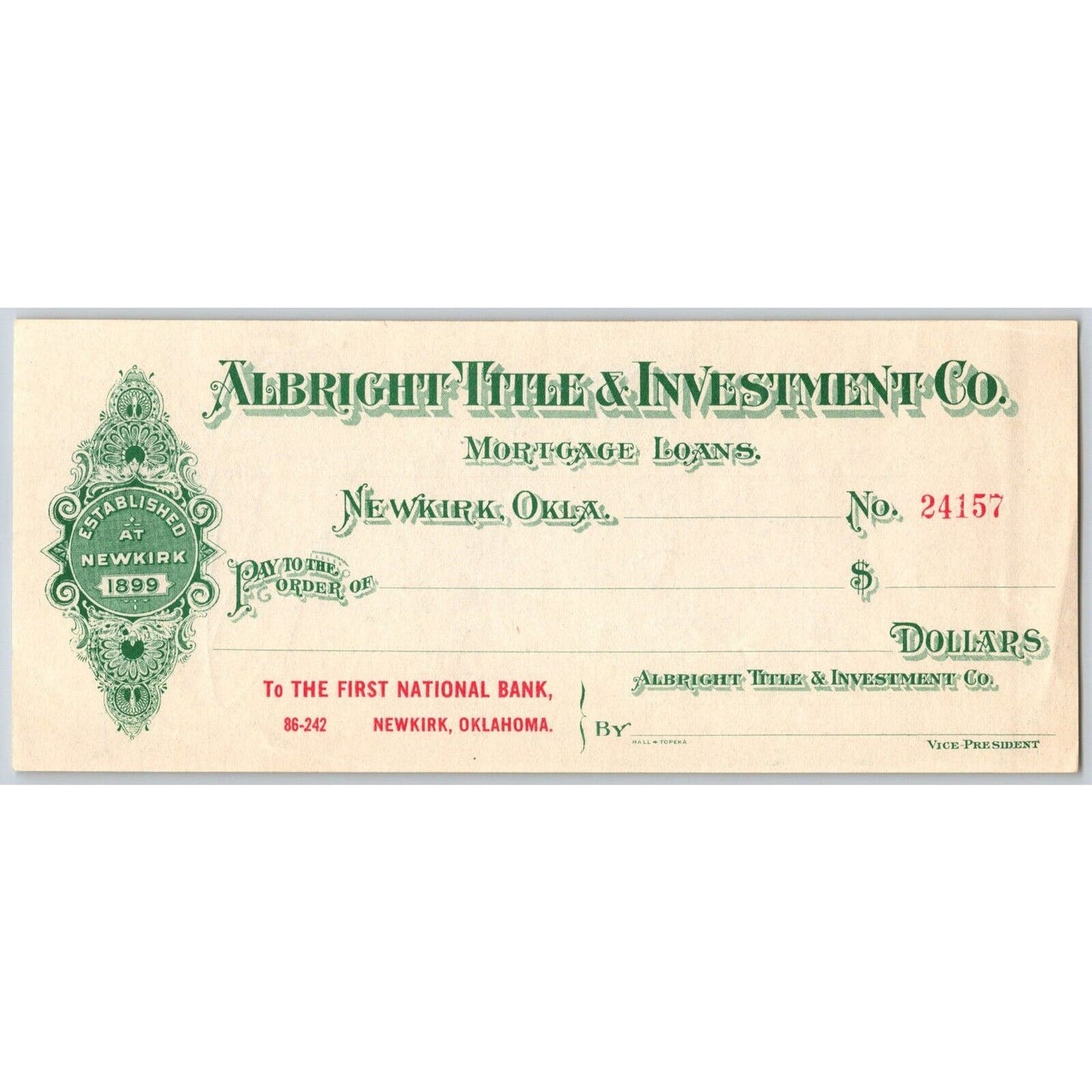 Newkirk, Oklahoma c1900-1920 Albright Title & Investment Co. Bank Check Scarce
