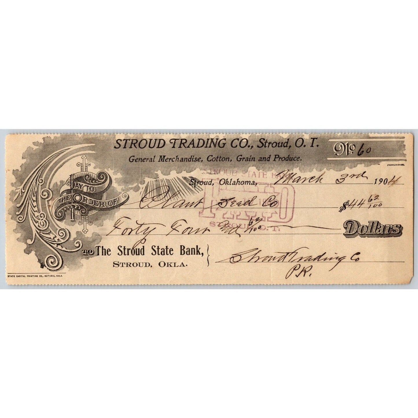 Stroud Trading Co. / Plant Seed Co. Oklahoma Territory 1904 Bank Check