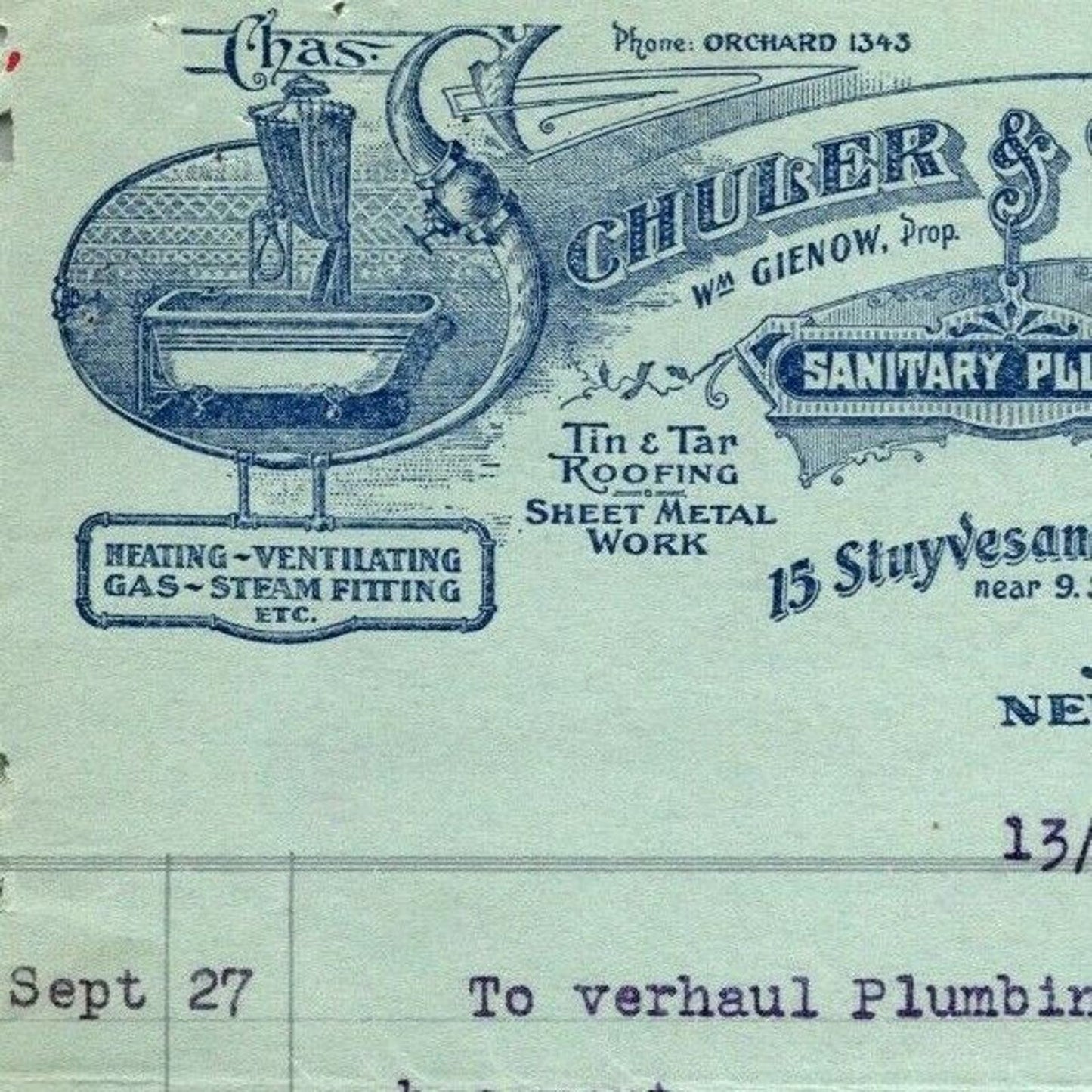 1916 "Schuler & Co." Sanitary Plumbing Billhead Letterhead Stuyvesant St NYC