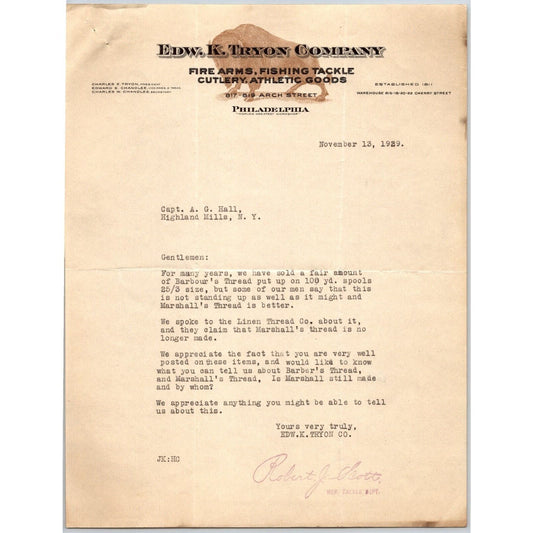 Edw. K. Tryon Company Philadelphia Fire Arms Fishing Tackle / 1929 Letterhead