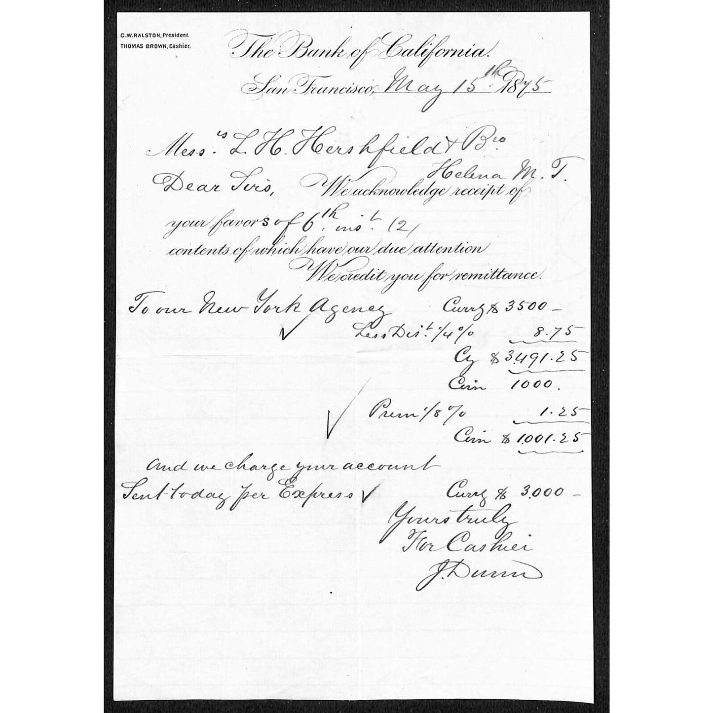 1875 Bank of California San Francisco Letterhead - L.H. Hershfield Helena, MT