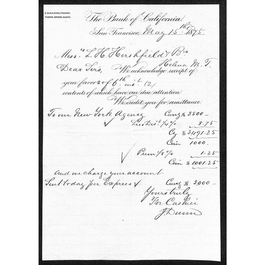 1875 Bank of California San Francisco Letterhead - L.H. Hershfield Helena, MT