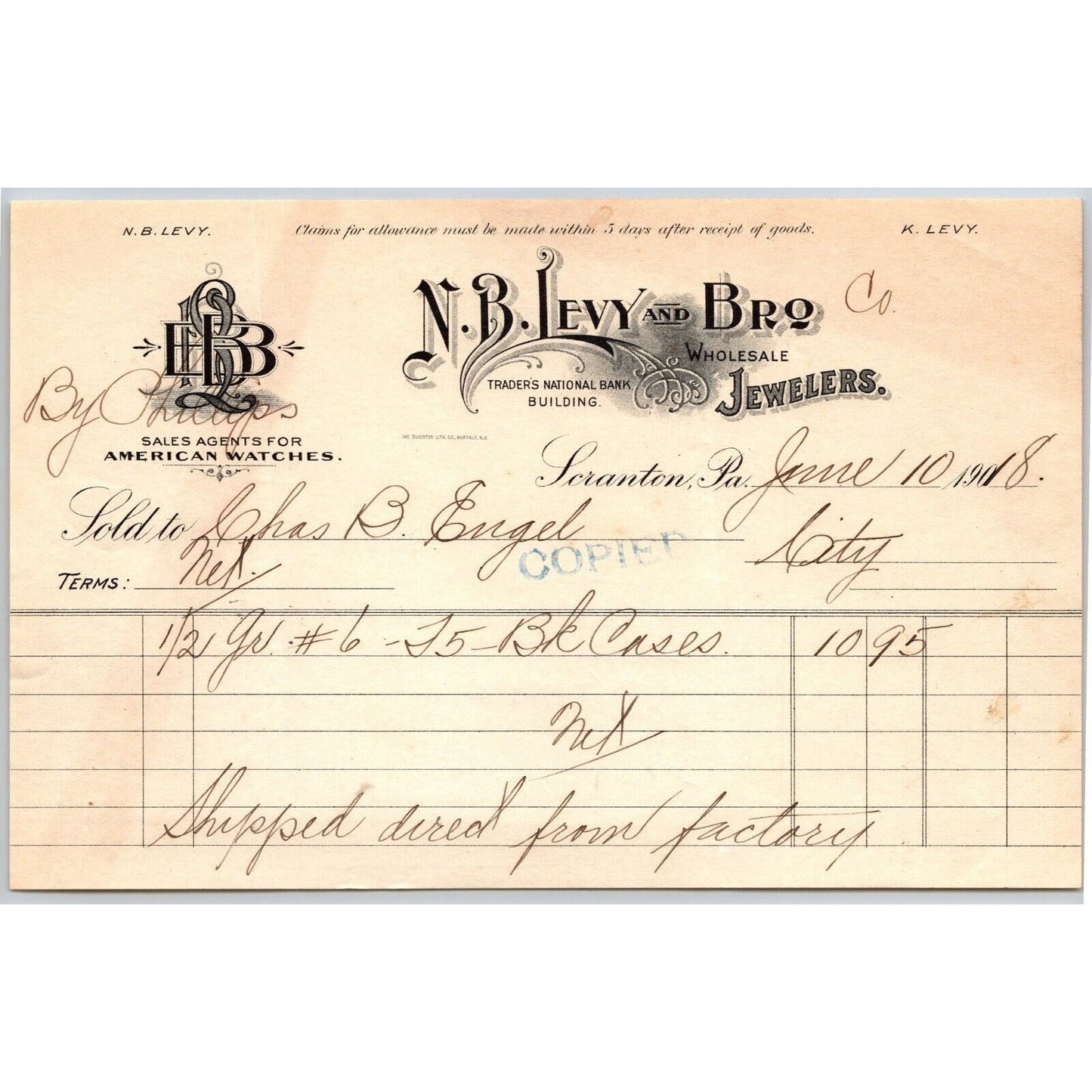 Scranton, PA N.B. Levy and Bro. Jewelers 1908 "C.B. Engel" Billhead BK Cases