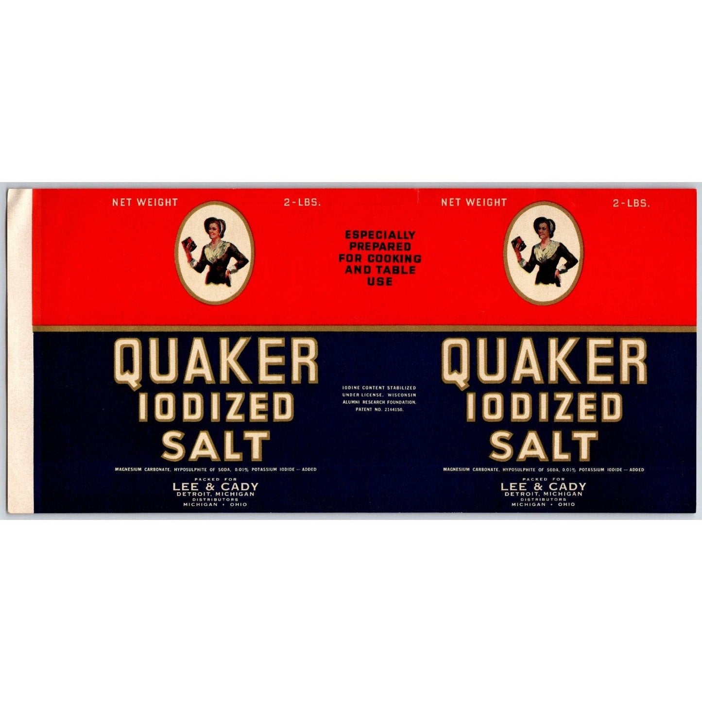 Quaker Iodized Salt Paper Label 1948 Lee & Cady Detroit, MI - Scarce
