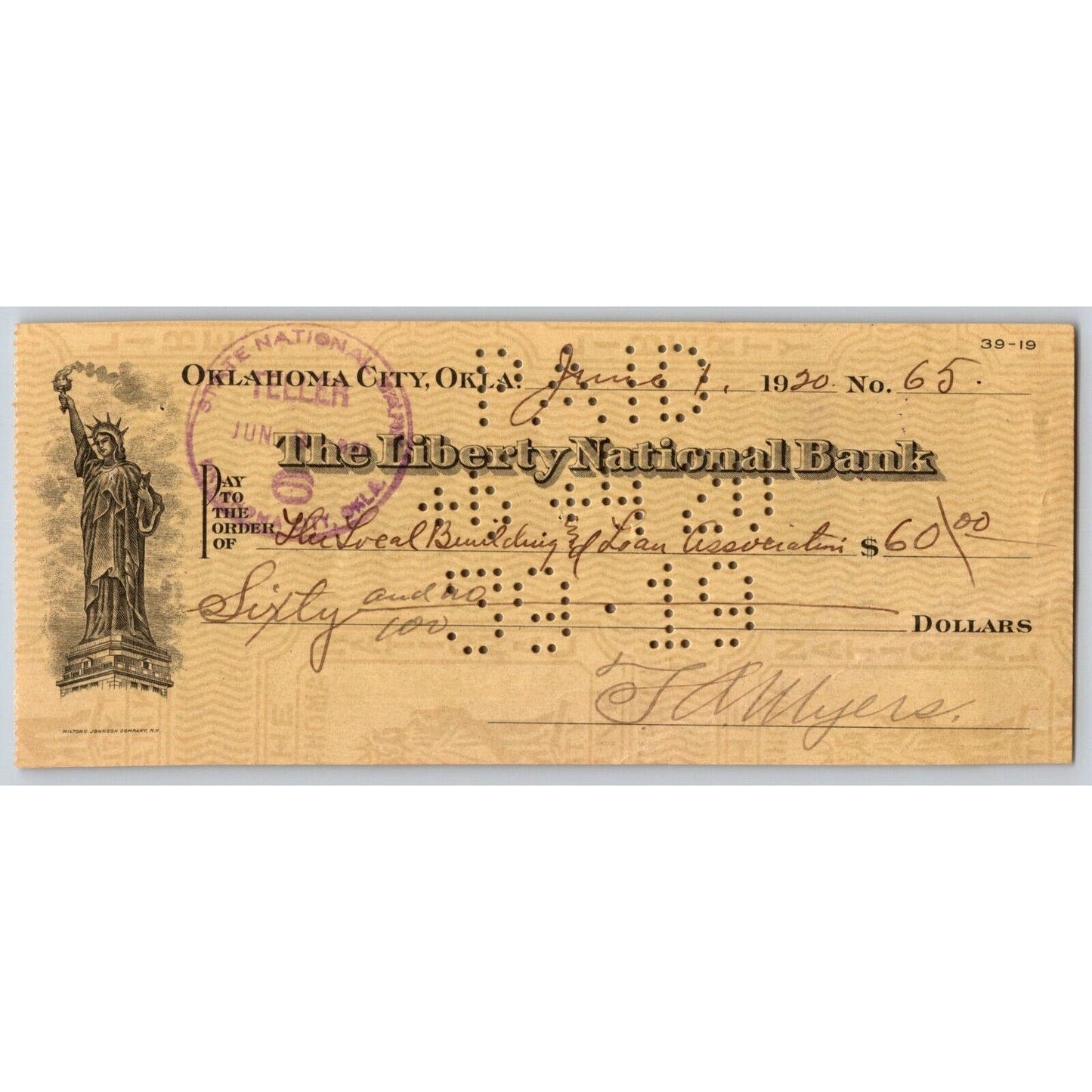 Oklahoma City 1920 "Liberty National Bank" Check w/ Statue Vignette - Scarce