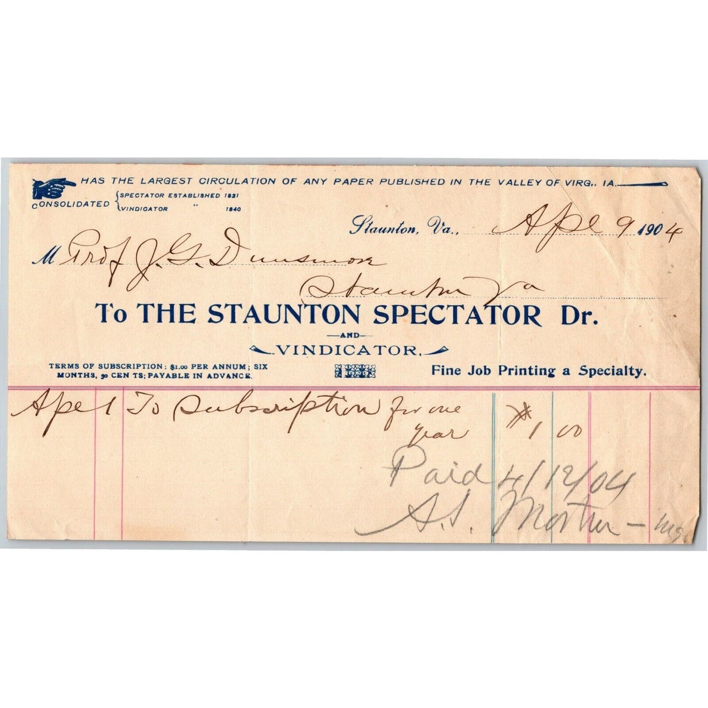 1904 Scarce Staunton Spectator and Vindicator Newspaper Billhead Letterhead VA