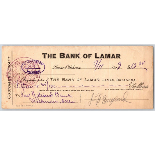 Lamar, Oklahoma 1913 "The Bank of Lamar" Bank Check - Scarce