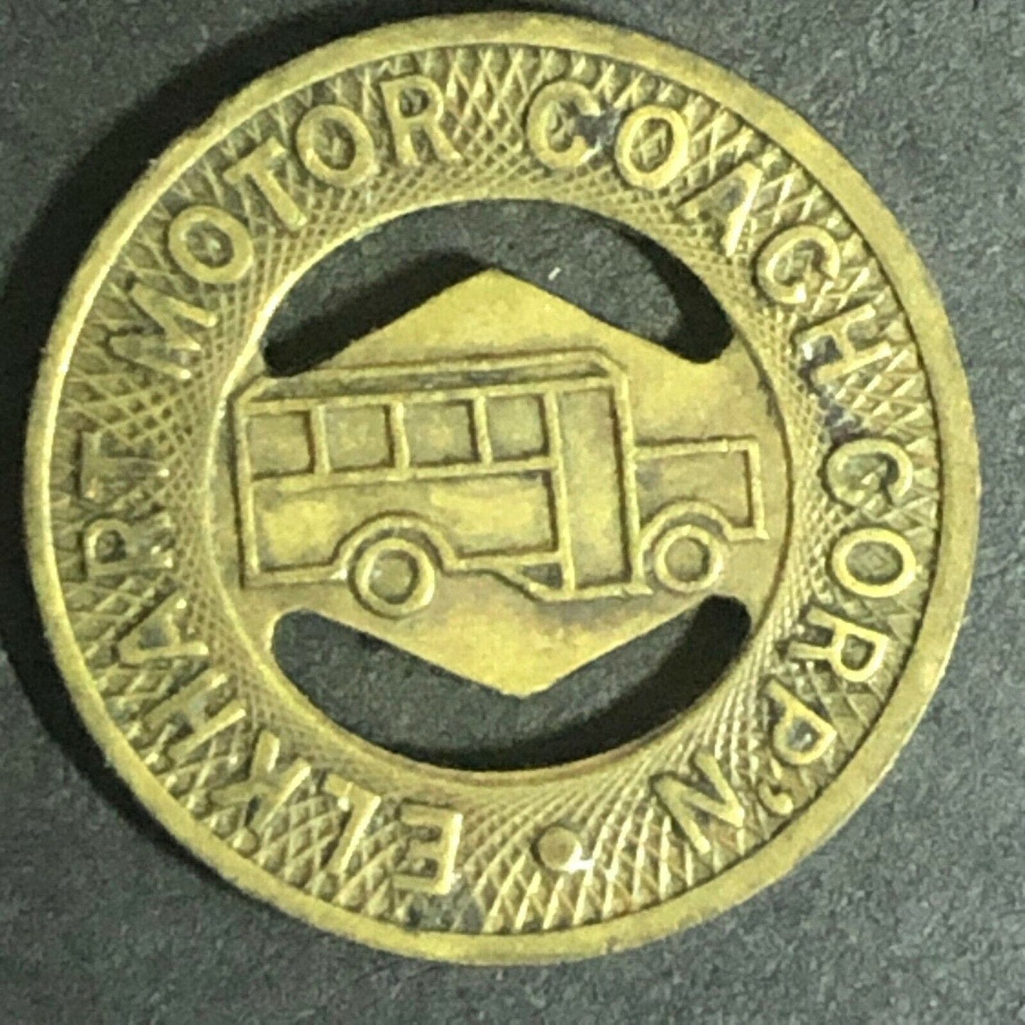 c1945 16mm Elkhart Motor Coach Corp Brass G/F One Fare Token Indiana (1528)