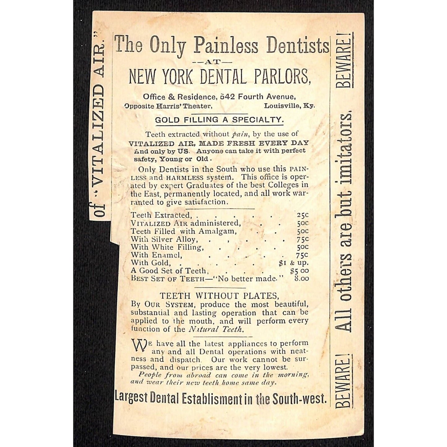 New York Dental Parlors Louisville KY (4) Victorian Trade Cards w/ Birds