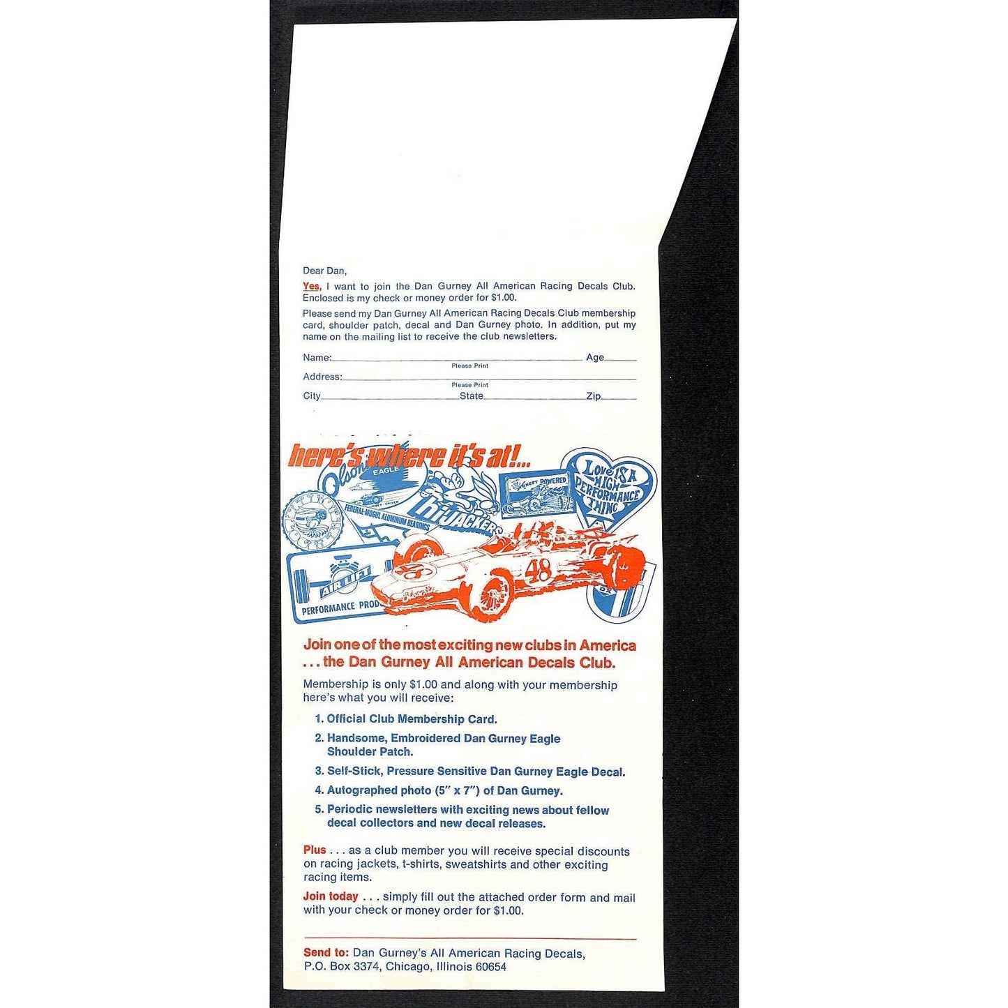 Dan Gurney's All American Racing Decals Advertising Mail-in Detach Form c1970
