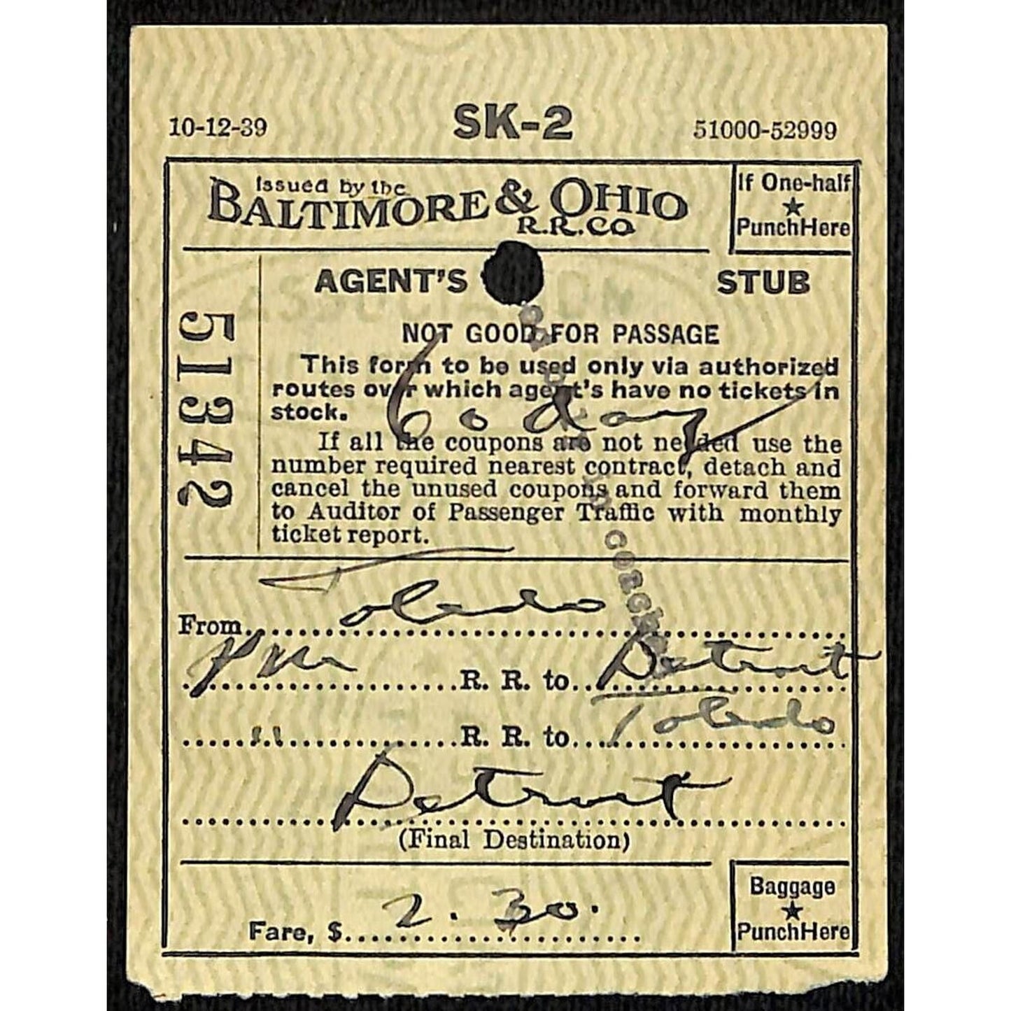 Baltimore & Ohio Railroad 1940 Ticket #51342