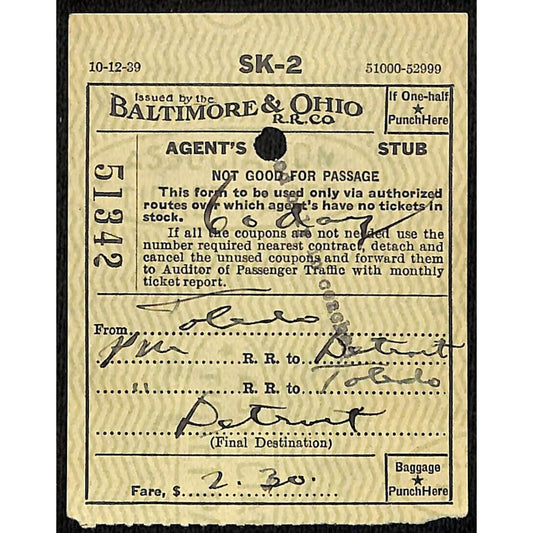 Baltimore & Ohio Railroad 1940 Ticket #51342