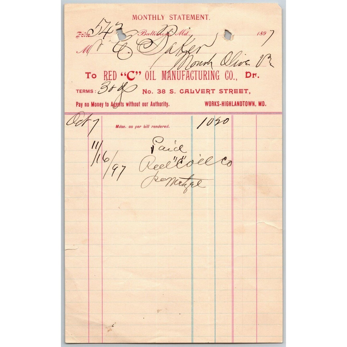 1897 Letterhead Statement Red "C" Oil Mfg. Co. Baltimore - Ephraim Baker*