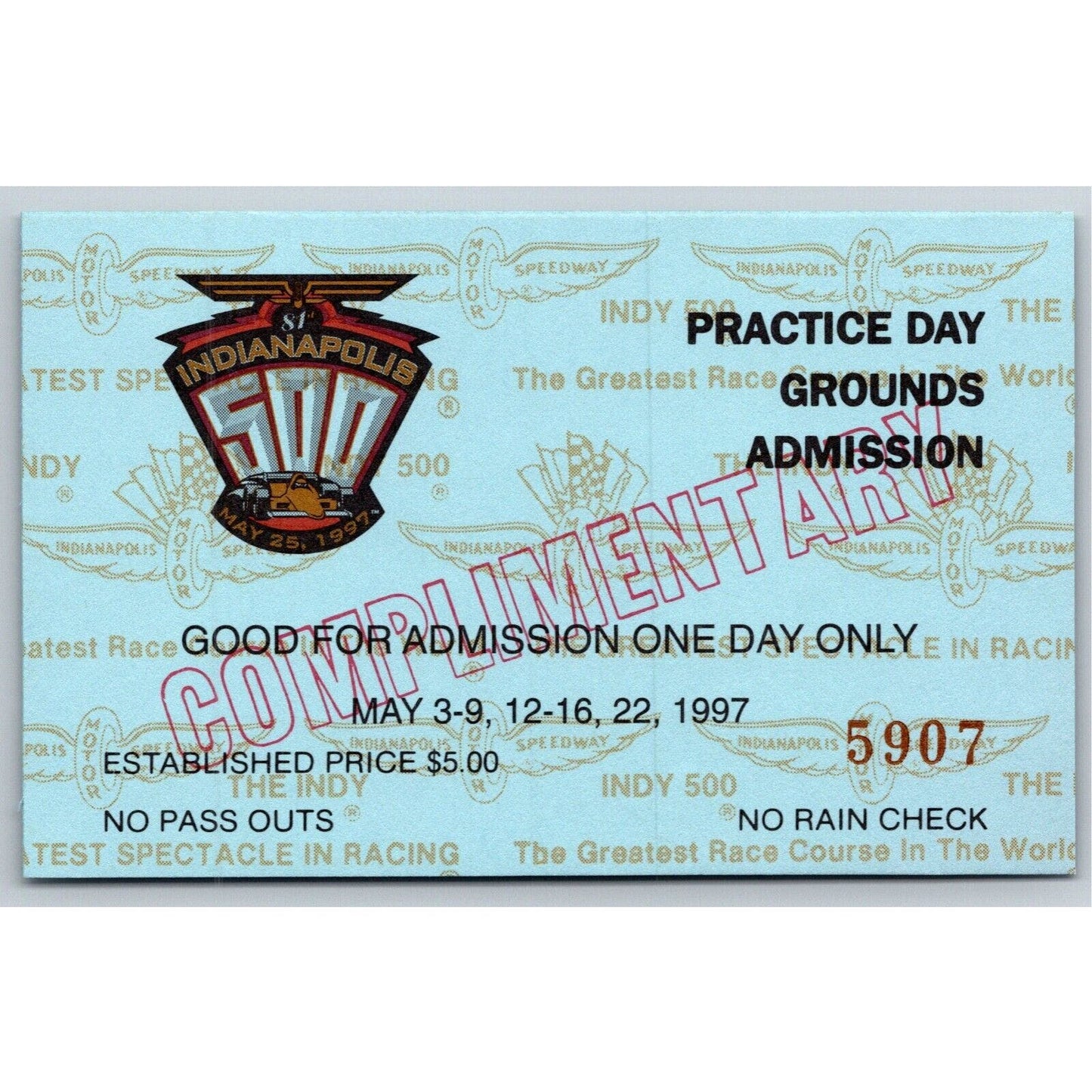 1997 Indy 500 Practice Day Grounds Admission Comp Ticket Pass Card IMS #5907 VGC
