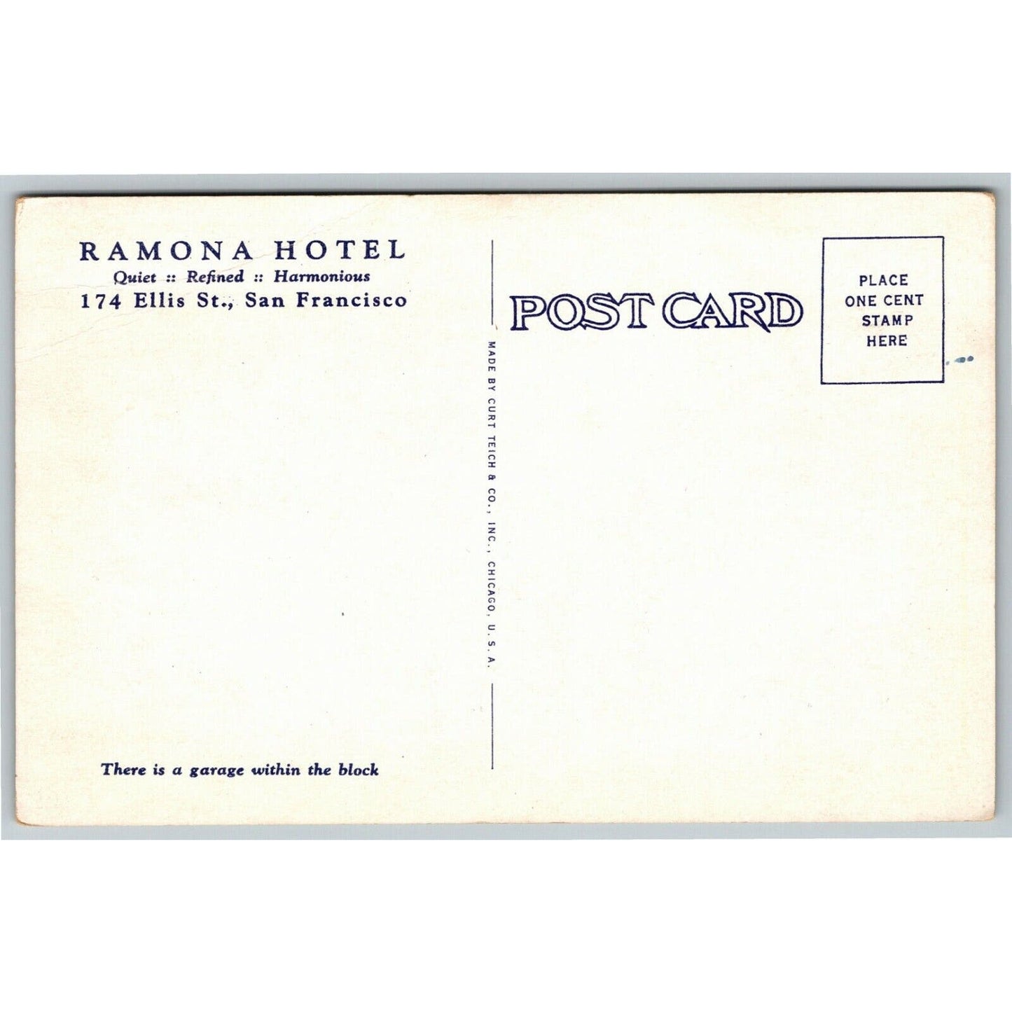 Scarce Vintage Postcard Ramona Hotel Ellis St. San Francisco c1930's