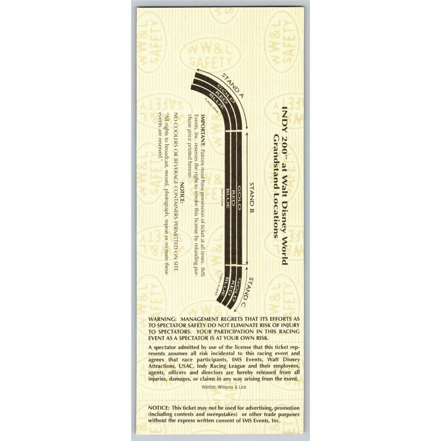 1997 Indy 200 Walt Disney World Thursday 1/23 Practice Unused Ticket - Seat 9