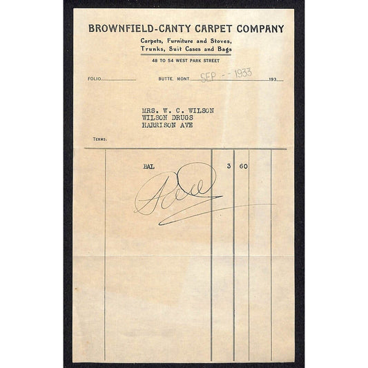Brownfield-Canty Carpet Butte Montana 1933 Billhead Letterhead Wilson Drug