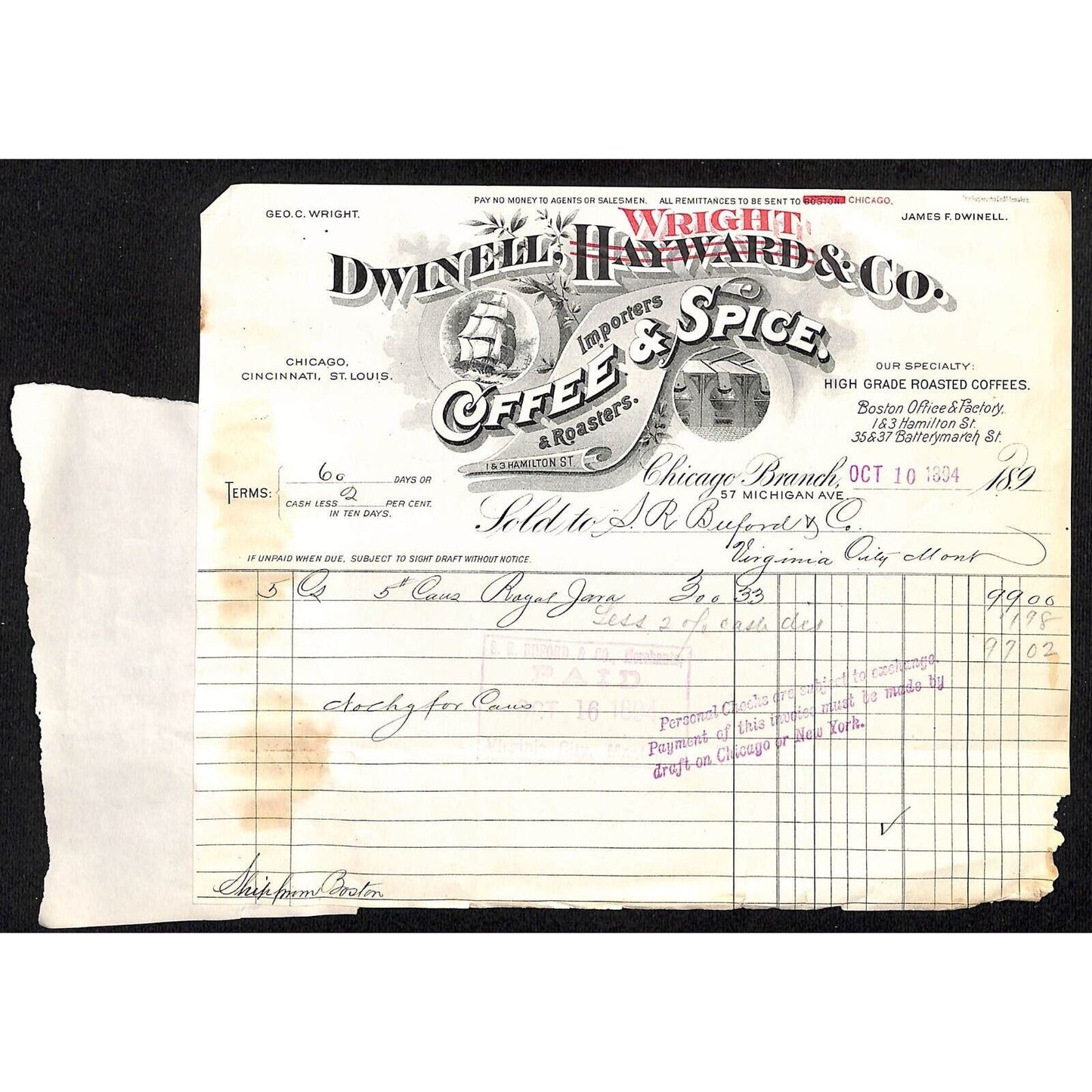 Chicago Dwinell Hayward / Wright & Co. Coffee Spice S.R. Buford* 1894 Billhead