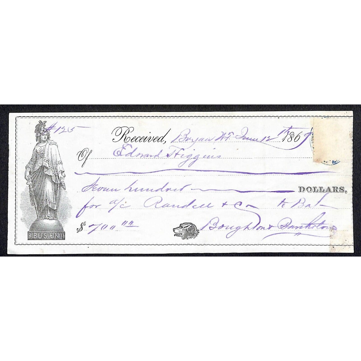 1867 Edmond Higgins $700 Payment Receipt w/ Illustrated Dog Head
