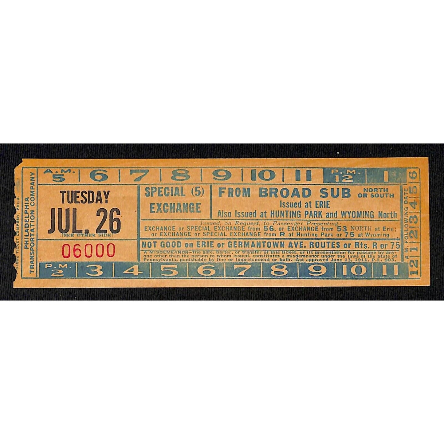Vintage c1940's-50's Ticket - Philadelphia Transit Co. Erie - Broad Sub #6000