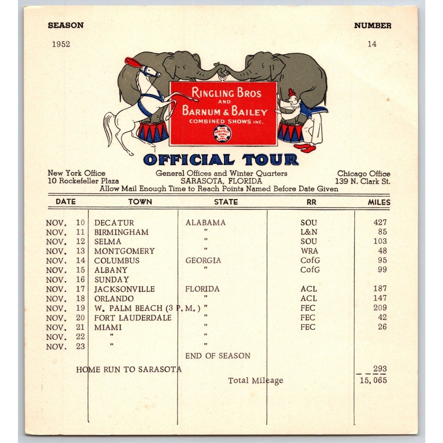 1952 Ringling Bros Barnum Bailey Circus Route Card Birmingham Selma Orlando