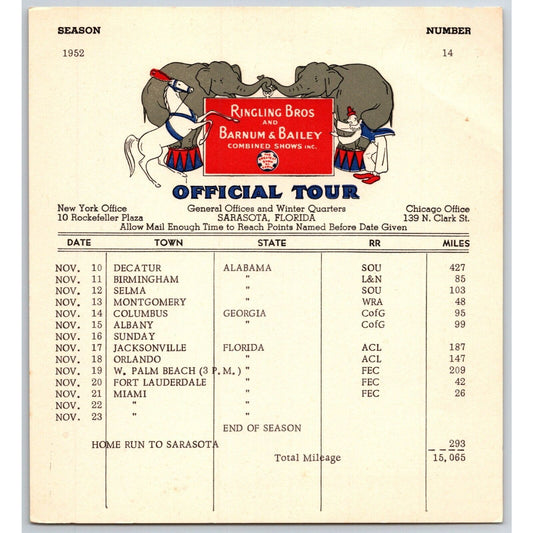1952 Ringling Bros Barnum Bailey Circus Route Card Birmingham Selma Orlando