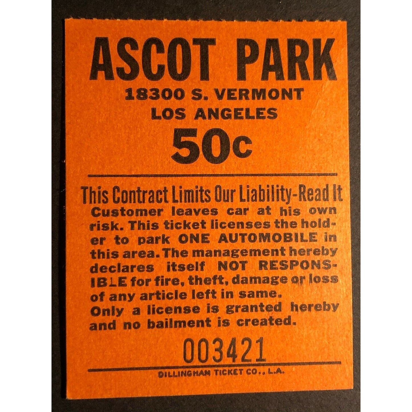 Vintage Ascot Park Los Angeles USAC Racing Parking Lot Ticket July 28 1962