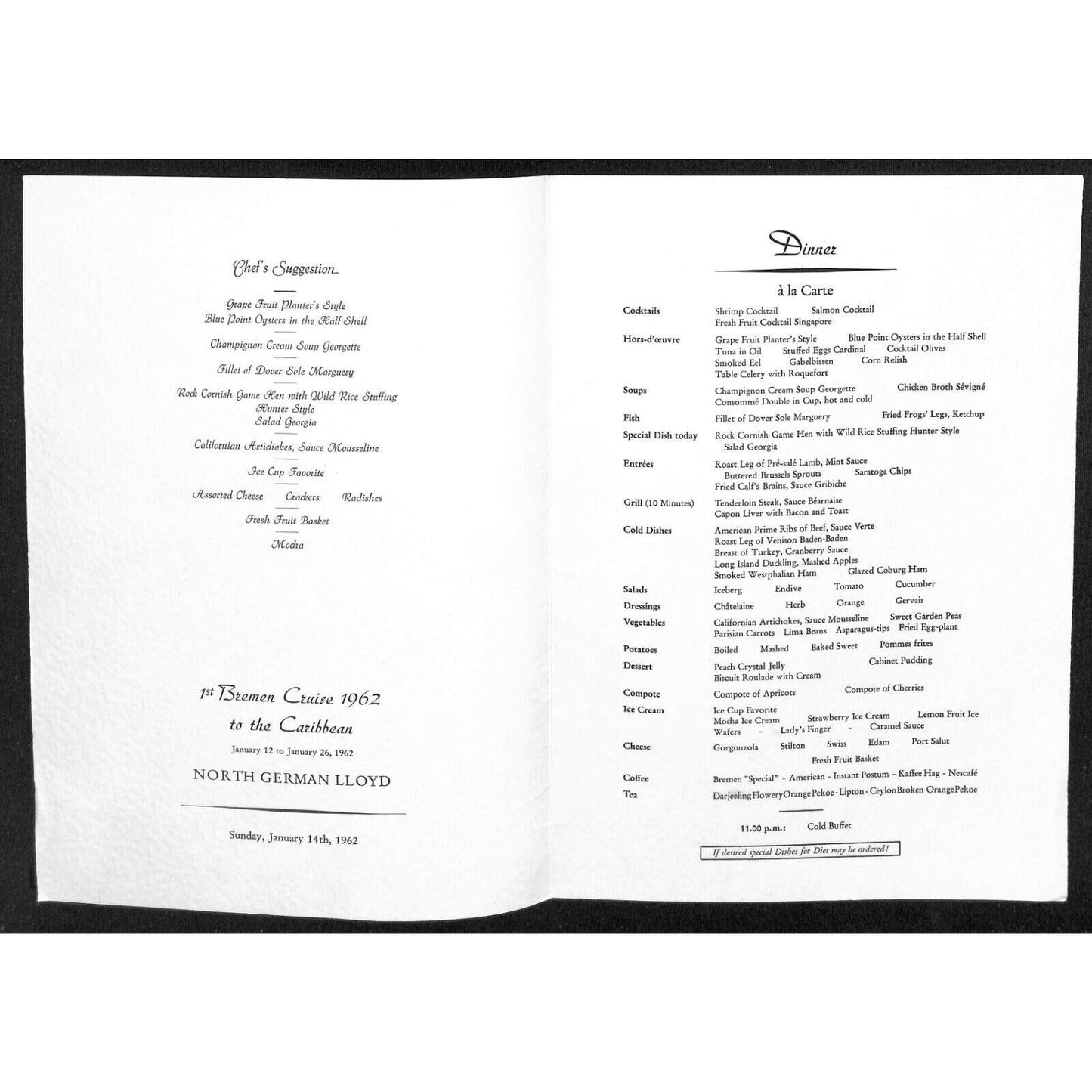 1962 North German Lloyd Bremen Cruise Line Dinner Menu Jan 14
