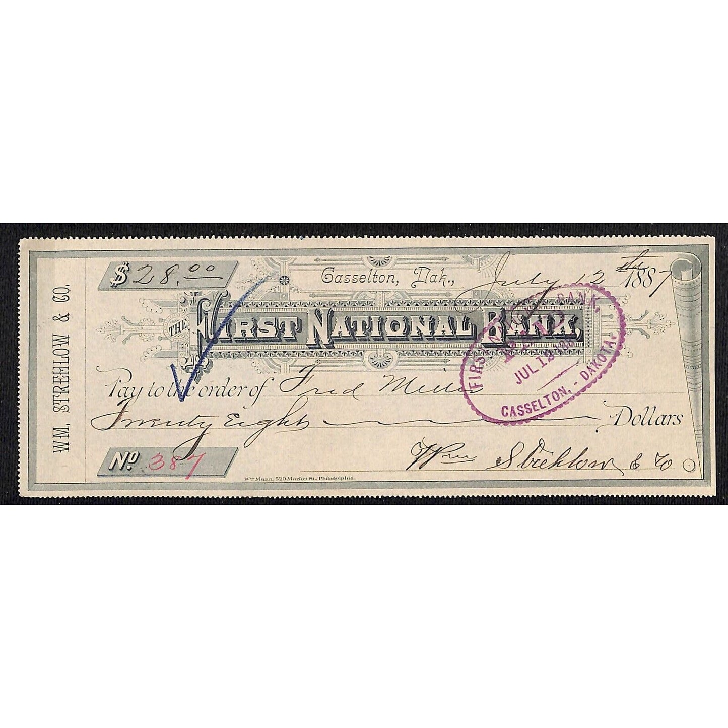 Casselton, Dakota (Territory) First National $28 Bank Check Strehlow & Co 1887