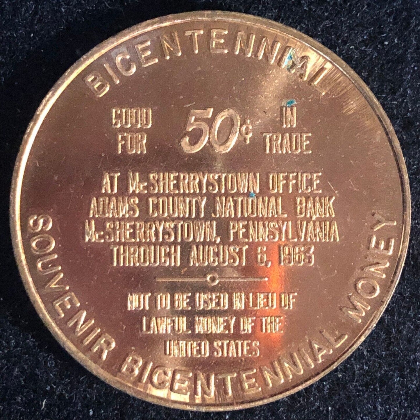 Adams County National Park Sherrystown 50c in Trade Bicentennial Token 34mm 1963