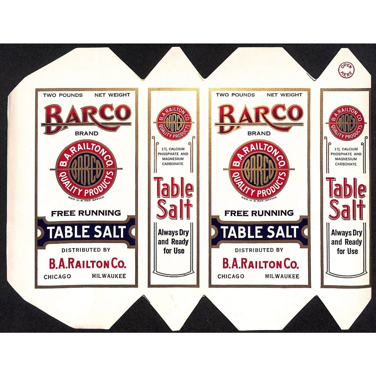 Barco Brand Table Salt Paper Label c1920's-30's B.A. Railton Chicago Scarce