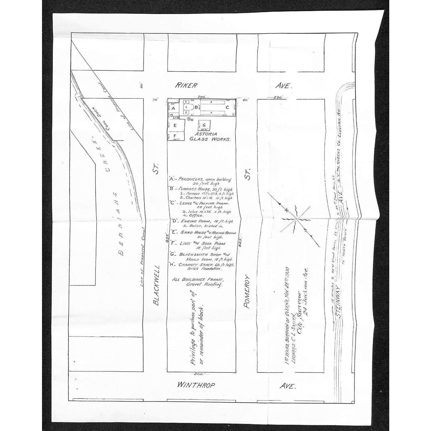 1900 Survey Map w/ Astoria Glass Works Near Steinway Ave Astoria Queens New York