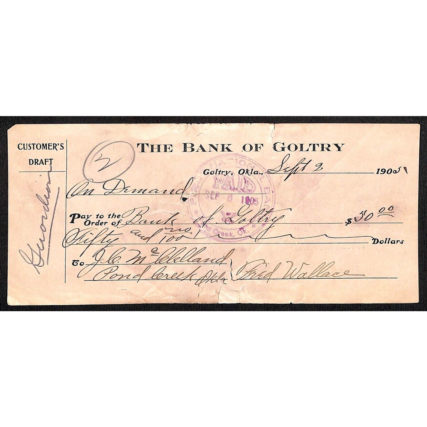 Goltry, OK 1905 Territorial "Bank of Goltry" Check - Scarce