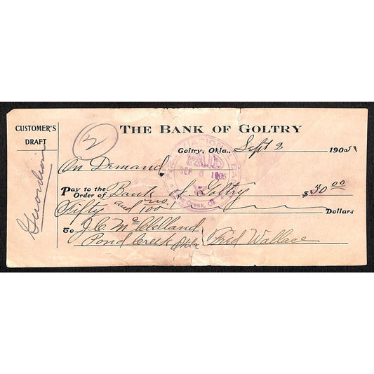 Goltry, OK 1905 Territorial "Bank of Goltry" Check - Scarce