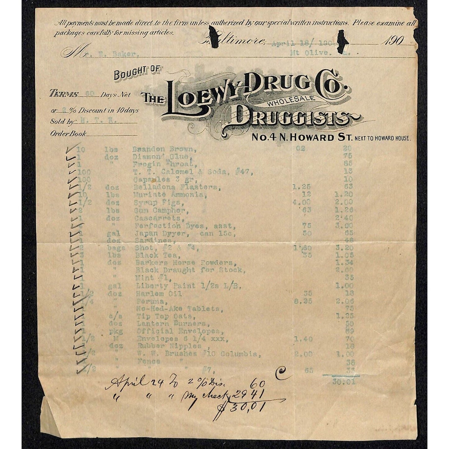 1900 Scarce Letterhead Loewy Drug Co. Wholesale Druggists Baltimore E. Baker*