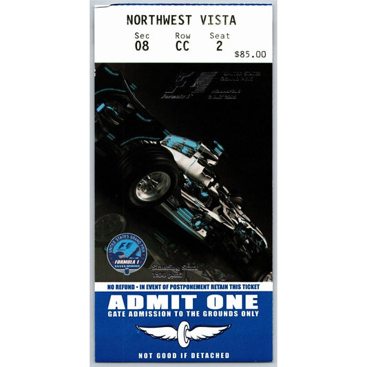 2006 Indianapolis Formula One Grand Prix Racing Race Day Unused Ticket Seat 2