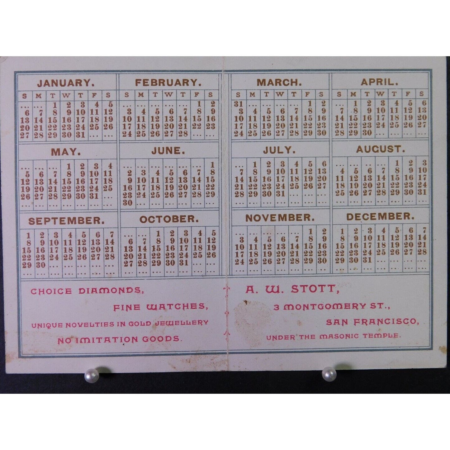 1889 Advertising Trade Card - Diamonds & Watches San Francisco w/Calendar