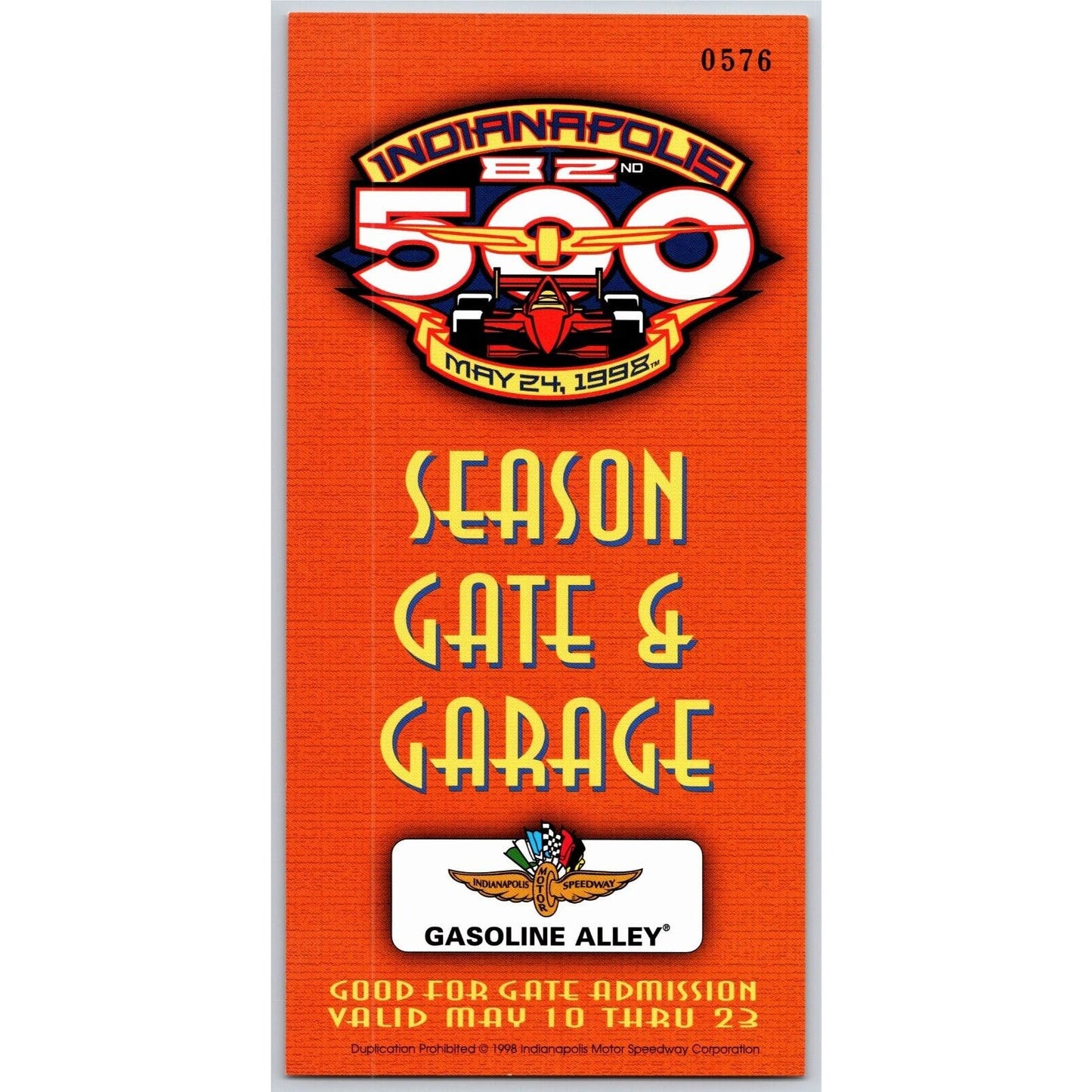 1998 Indy 500 Season Garage / Gasoline Alley Pass Indianapolis IMS VGC #0576