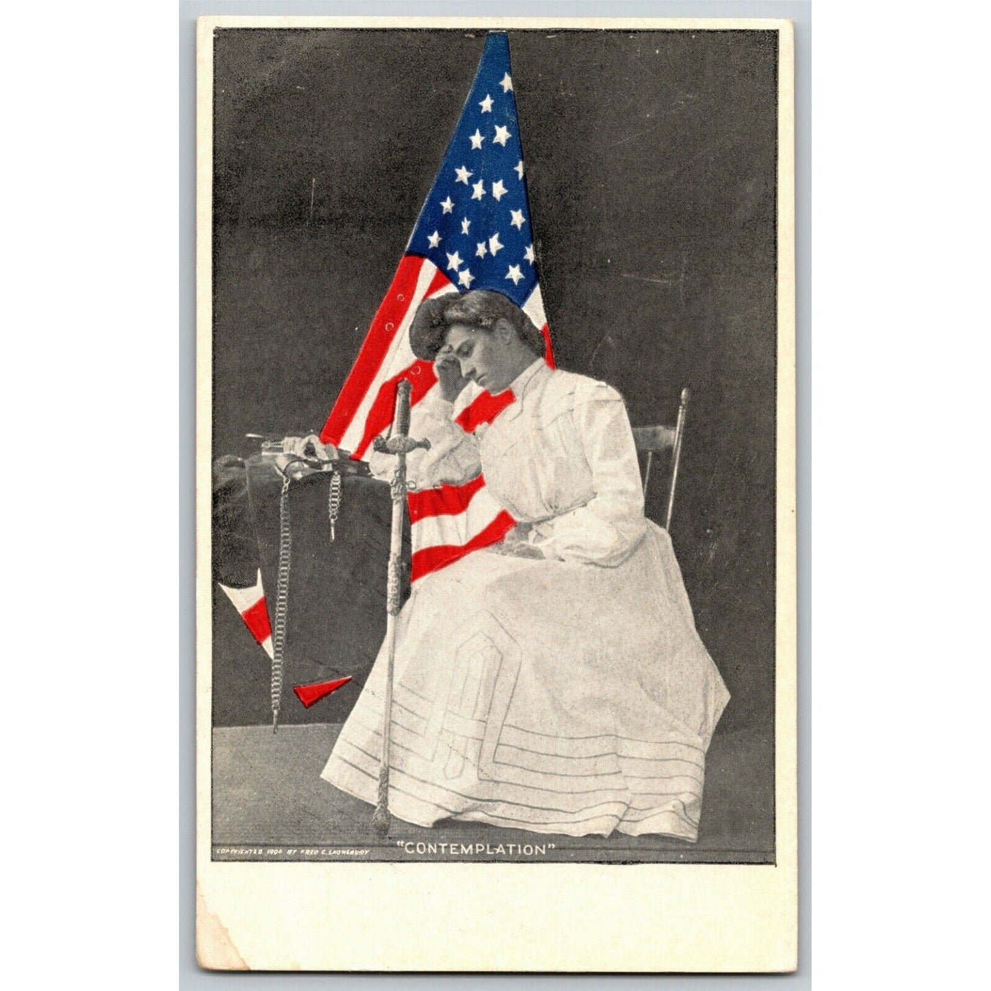 US Flag Patriotic Postcard c1909 "Contemplation" Embossed - Not Posted